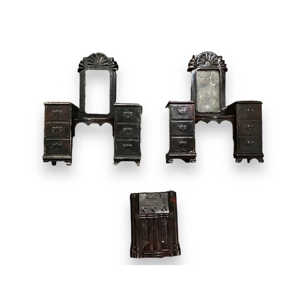 Vintage Ideal BedRoom Dollhouse Furniture Large MCM Radio & 2 Mirror Vanity 3 pc